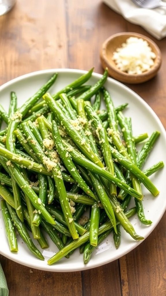 Crispy air fryer green beans with Parmesan cheese on a rustic plate.